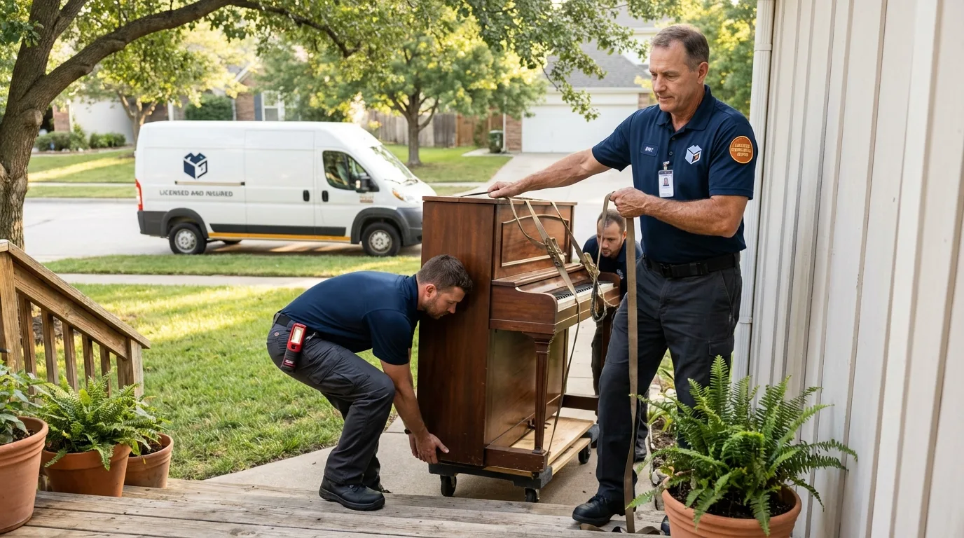 Licensed piano movers securing grand piano in Lexington, TX