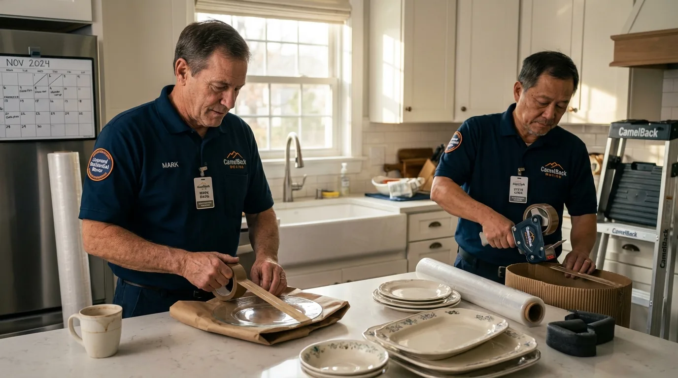 Professional crew packing kitchen dishware in Lexington, TX